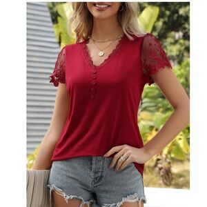 Jiagong Women Lace Trim Blouse Floral Sheer Short Sleeve V Neck Wine Red Small
